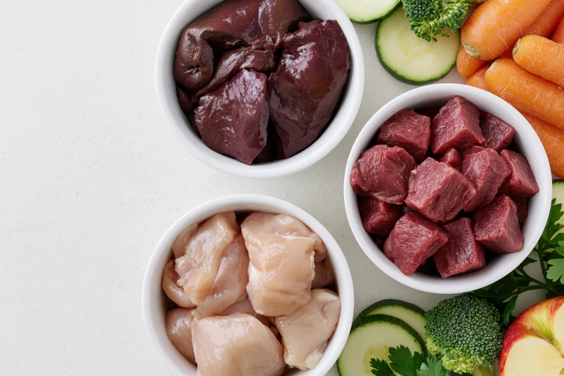 Three white bowls with raw chicken, beef, and liver arranged with vegetables on a light surface
