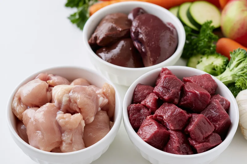 Three white bowls holding raw chicken, beef, and liver with vegetables arranged on a white surface