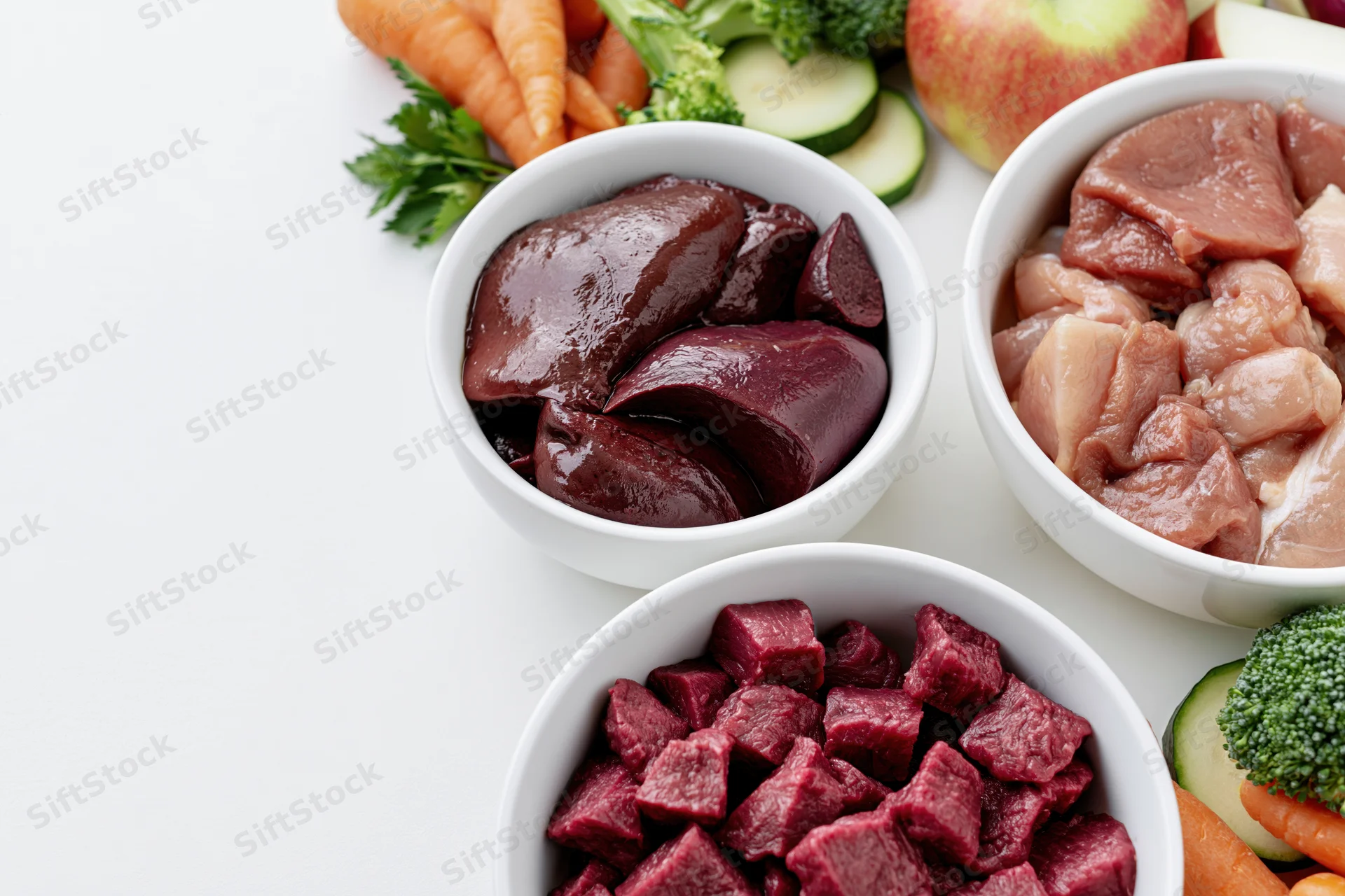 Raw chicken, liver, and beef in white ceramic bowls with fresh vegetables arranged on a white surface