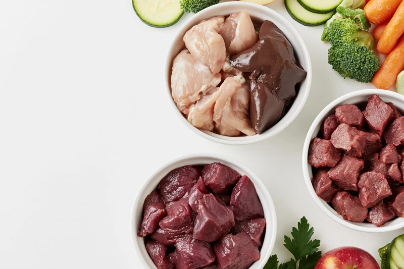 Raw chicken and beef chunks in white ceramic bowls with vegetables arranged on white surface
