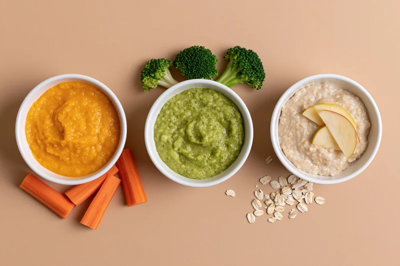 Three white bowls of baby food puree with vegetables and oats arranged on a beige surface