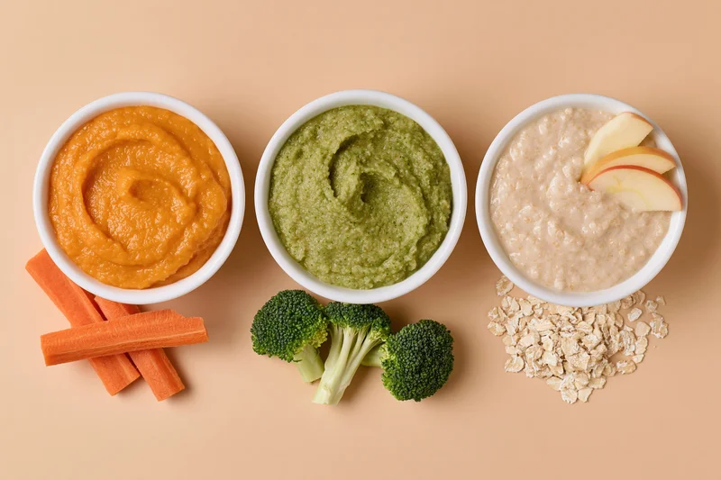 Three white ceramic bowls of baby food puree arranged in a row with carrots, broccoli, and oats on a beige surface