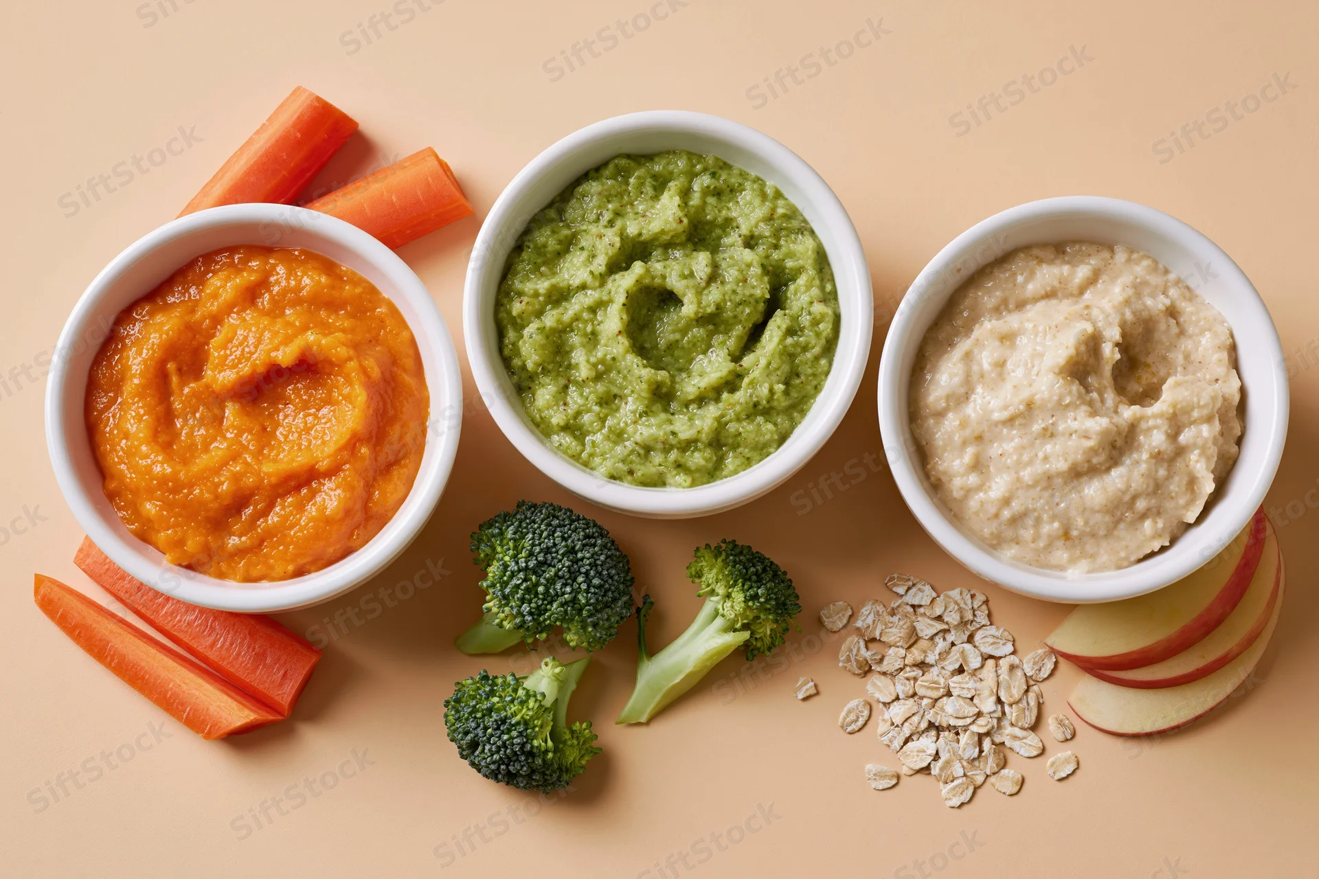 Three white ceramic bowls of baby food puree arranged with carrots, broccoli, oats and apple slices on a beige surface