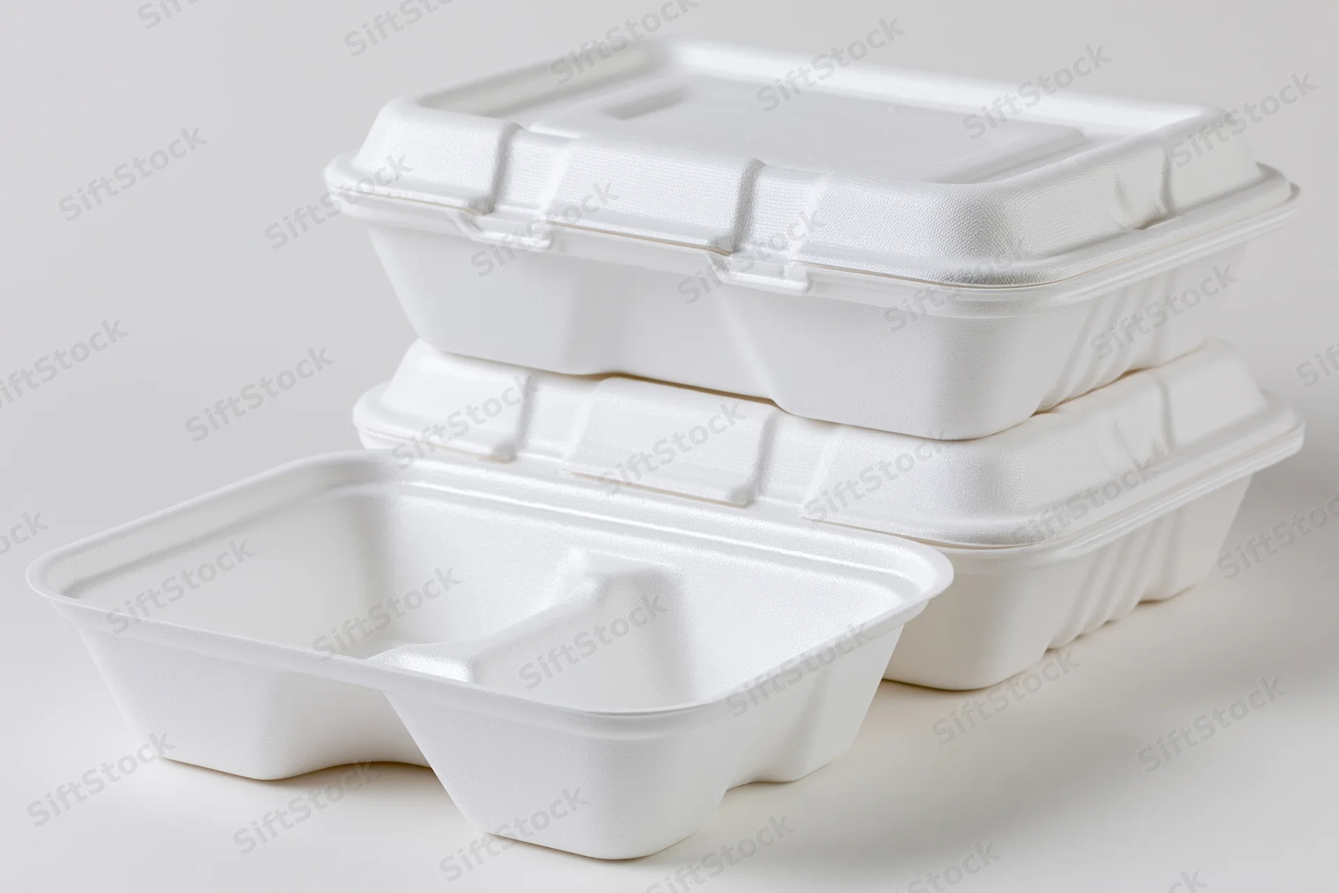 Three white foam clamshell takeout containers stacked and arranged on a plain white surface