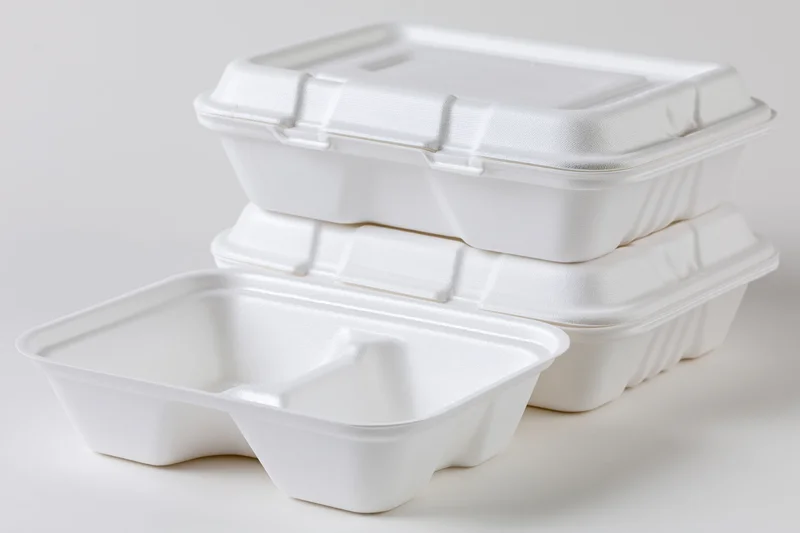 Three white foam clamshell takeout containers stacked and arranged on a plain white surface
