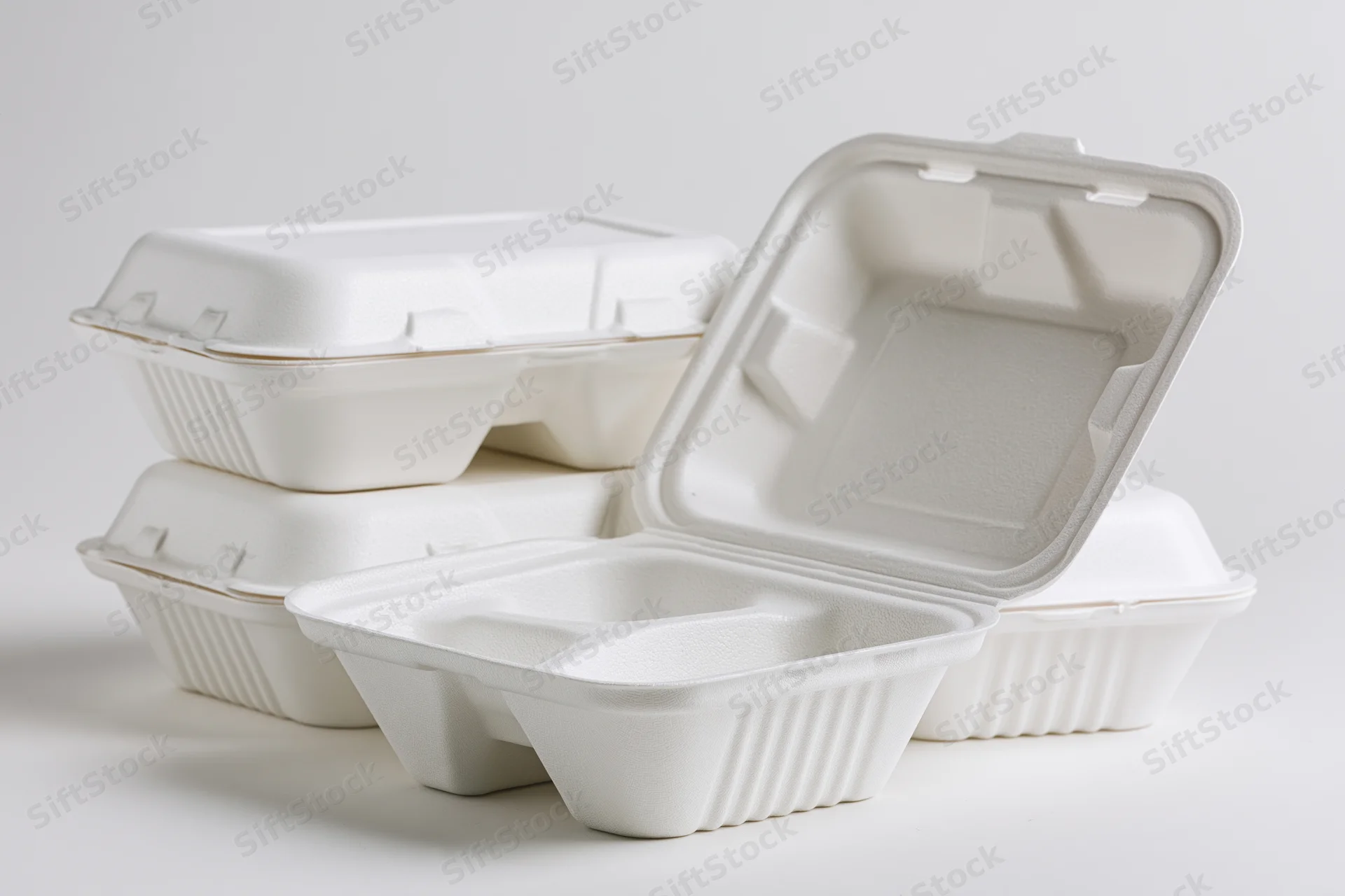 White foam clamshell takeout containers stacked with one open on plain surface
