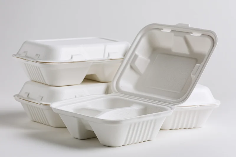 White foam clamshell takeout containers stacked with one open on plain surface