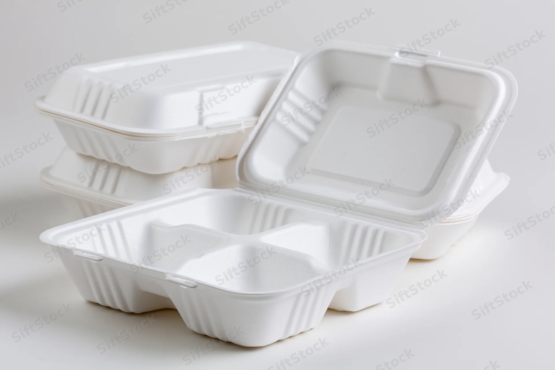 White foam clamshell takeout containers stacked and open on a plain surface