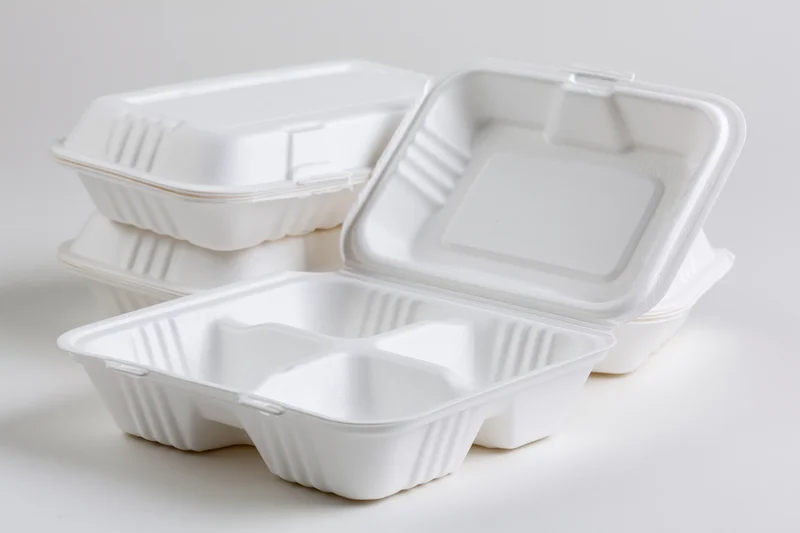 White foam clamshell takeout containers stacked and open on a plain surface