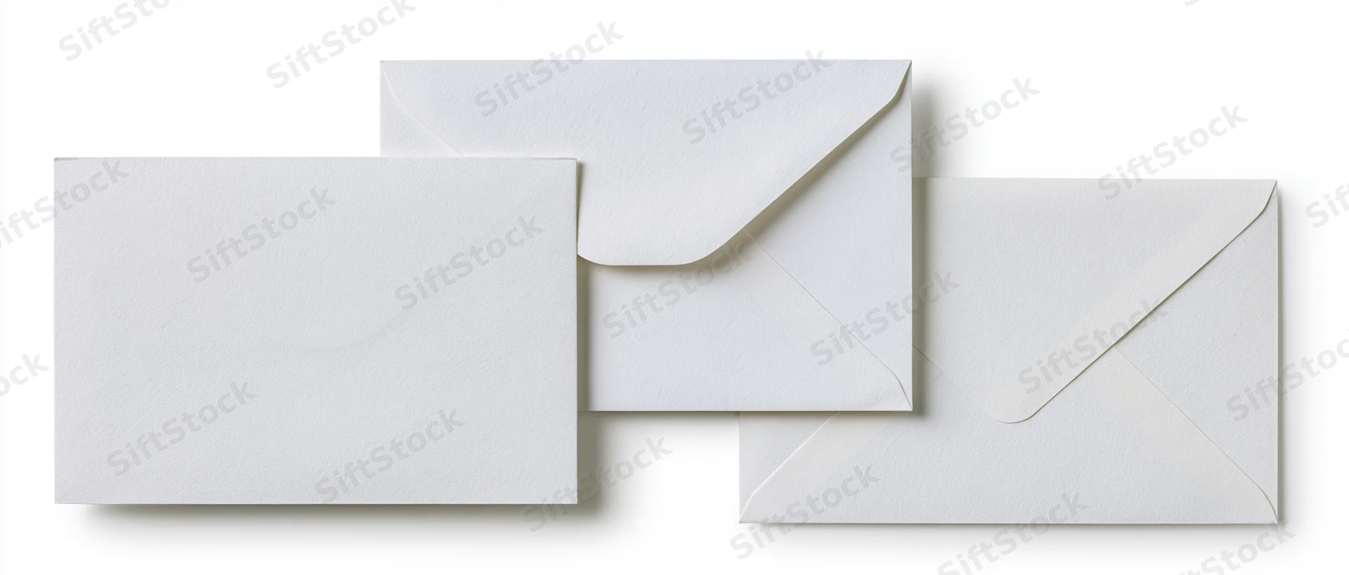 Three white business envelopes arranged side by side on a plain white background