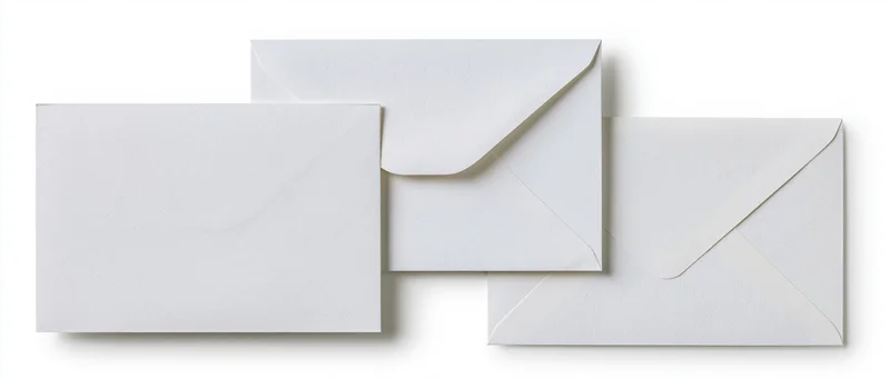 Three white business envelopes arranged side by side on a plain white background
