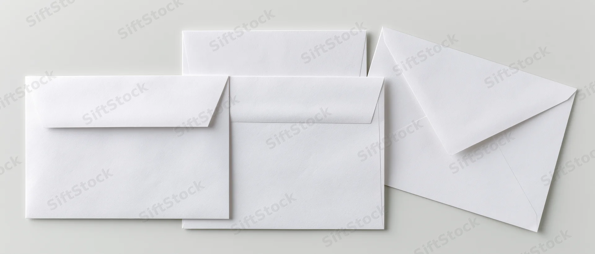 White envelopes arranged in overlapping flat lay on light surface