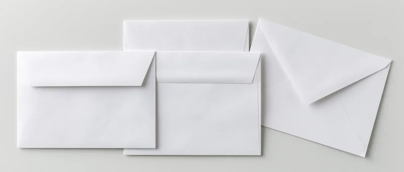 White envelopes arranged in overlapping flat lay on light surface