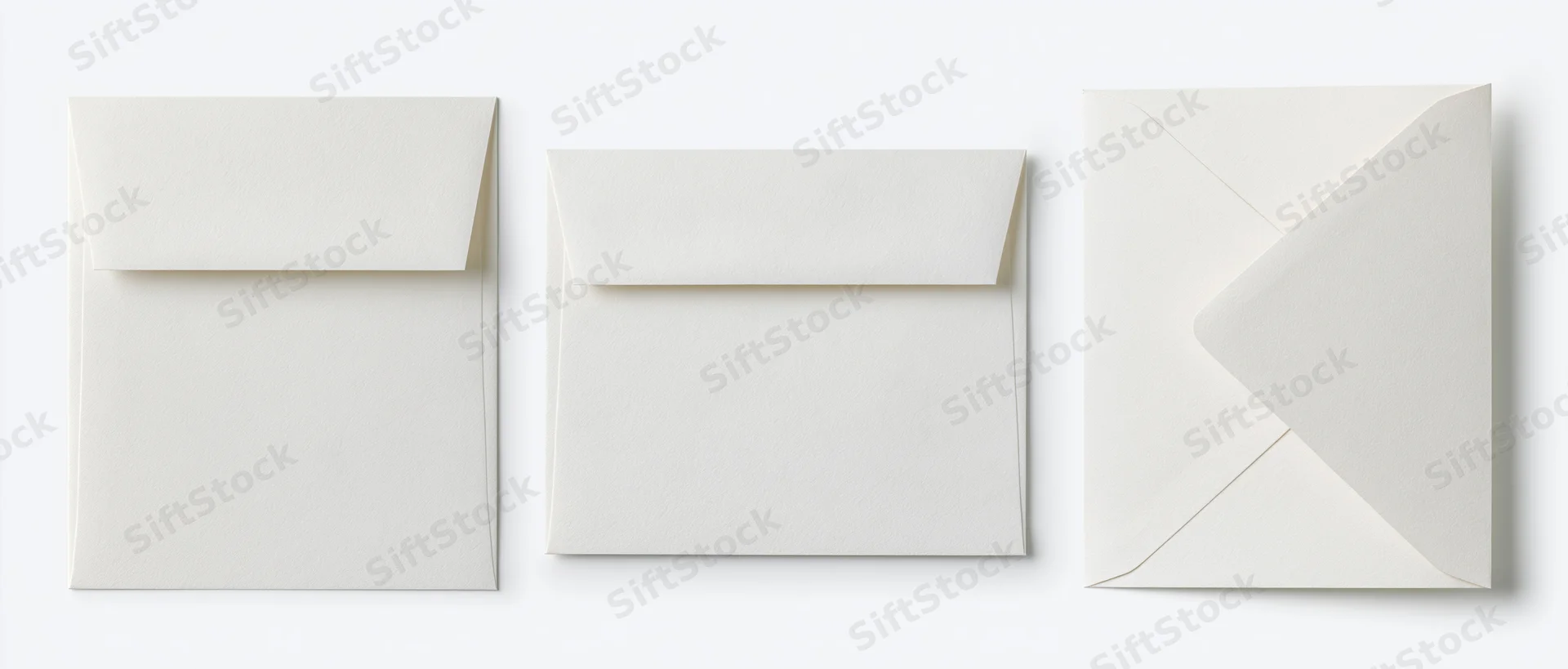 Three white business envelopes arranged side by side on a plain white background