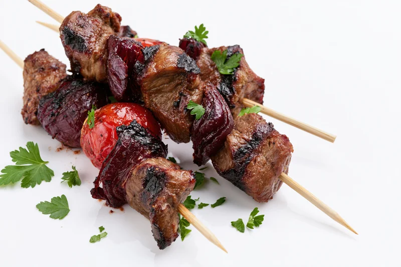 Grilled meat and tomato kebabs on wooden skewers with parsley garnish on white background
