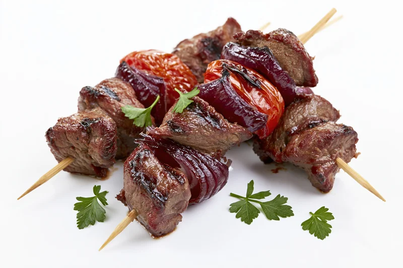 Grilled beef kebabs with charred onions and tomatoes on wooden skewers, garnished with parsley, isolated on white background