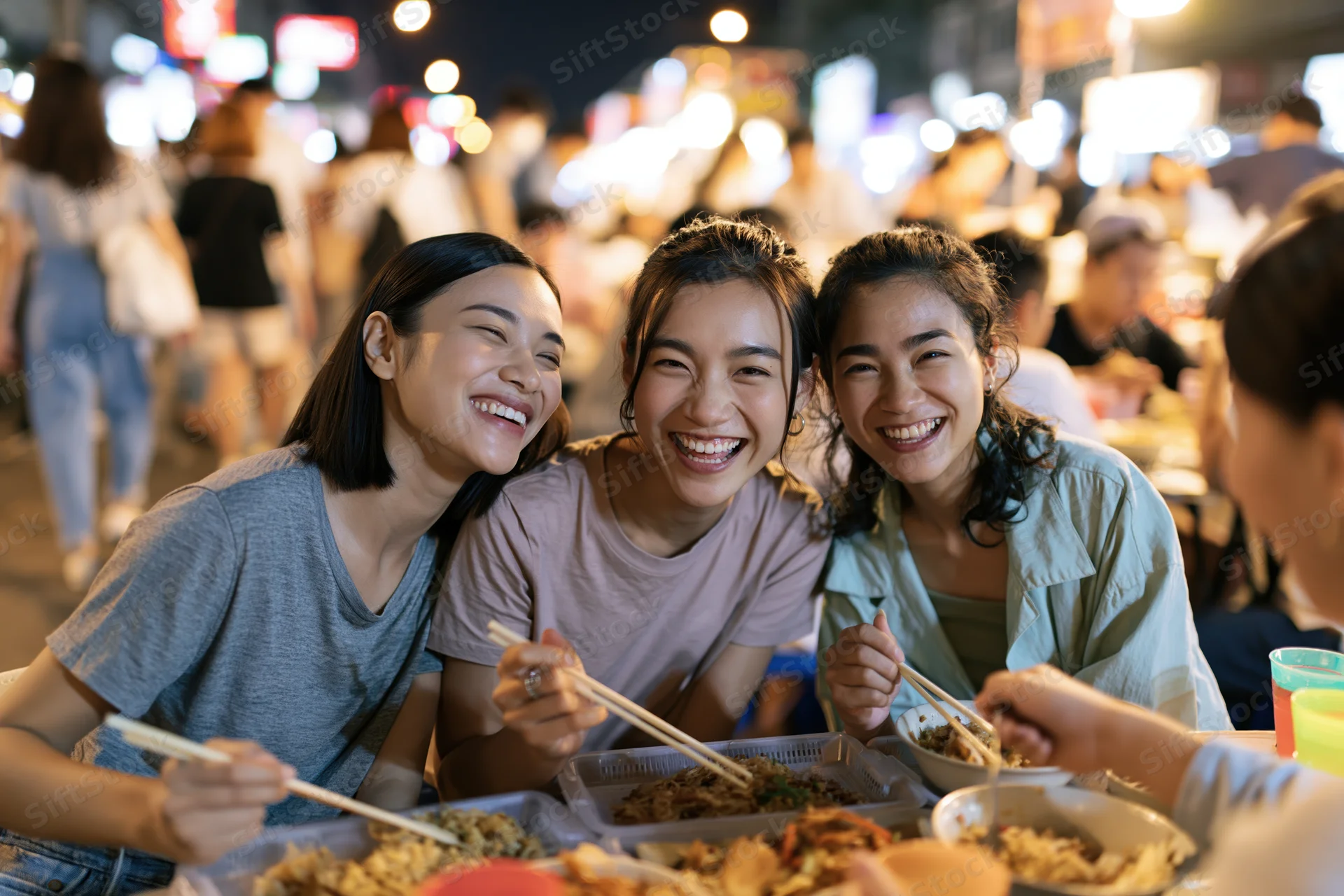 Three young women laughing and eating street food together at a night market
