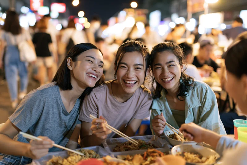 Three young women laughing and eating street food together at a night market