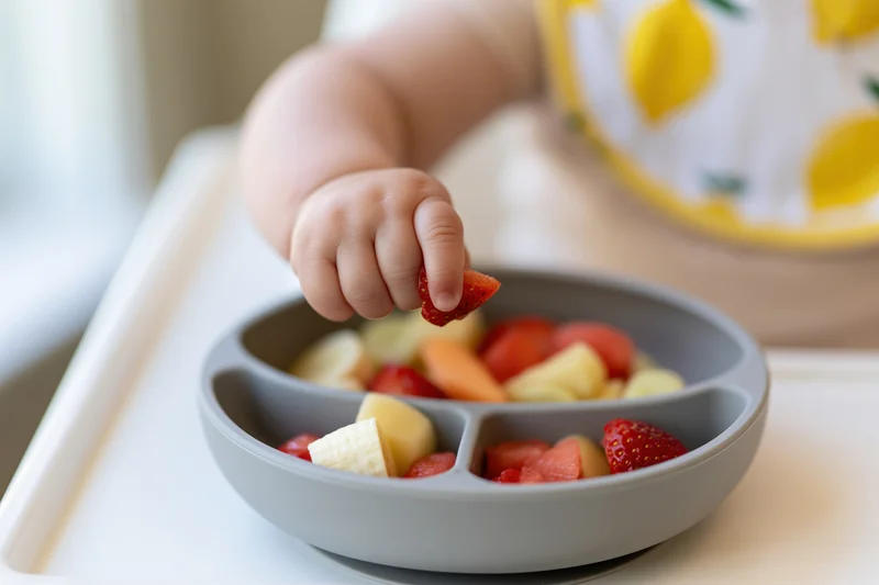 Toddler's hand picking strawberry from divided bowl on highchair tray