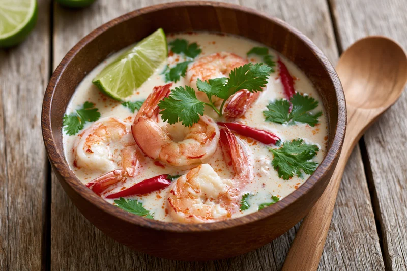 Tom kha gai soup with shrimp, lime, chili and cilantro in a wooden bowl on a rustic table