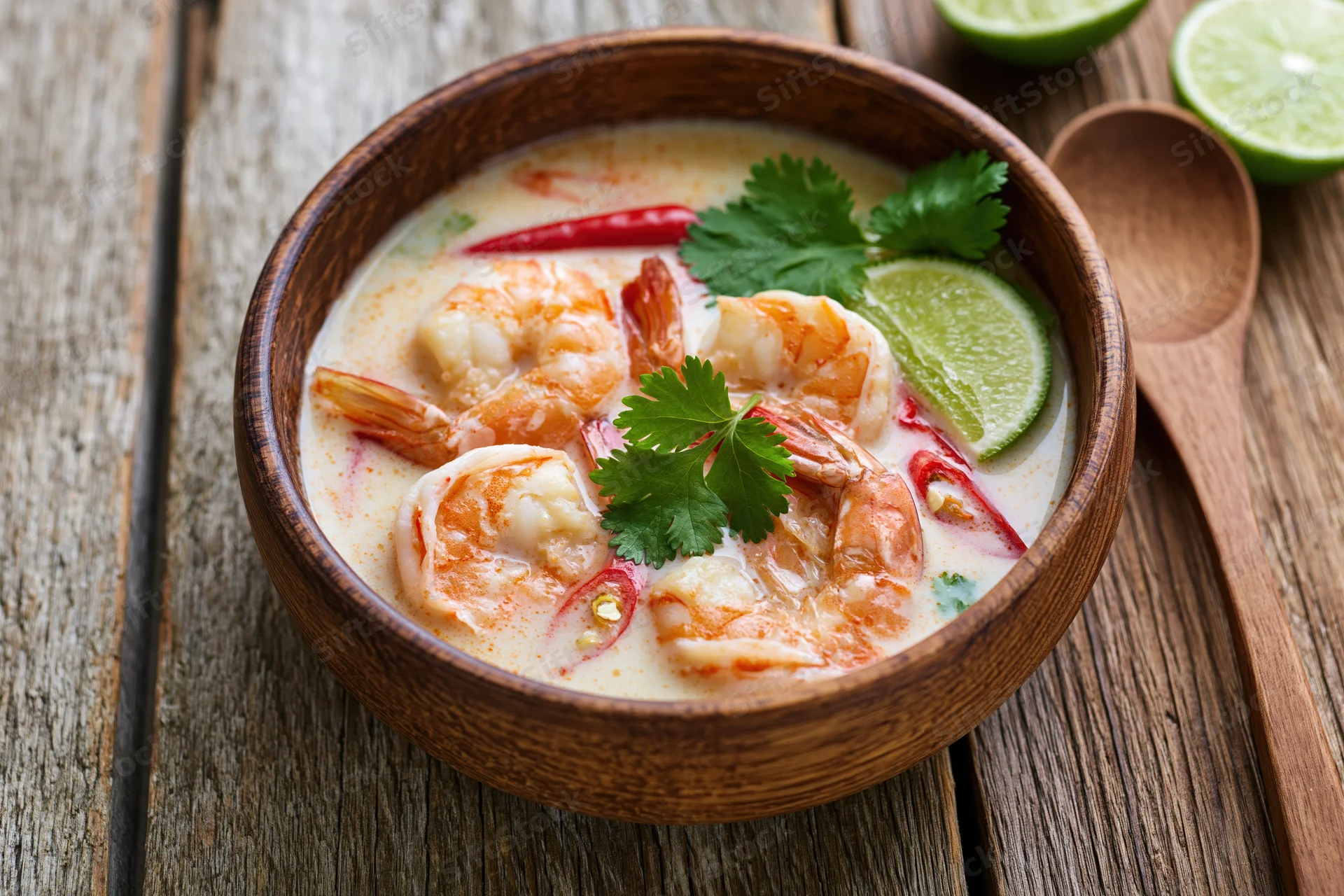 Tom kha soup with shrimp and lime in a wooden bowl on a rustic table