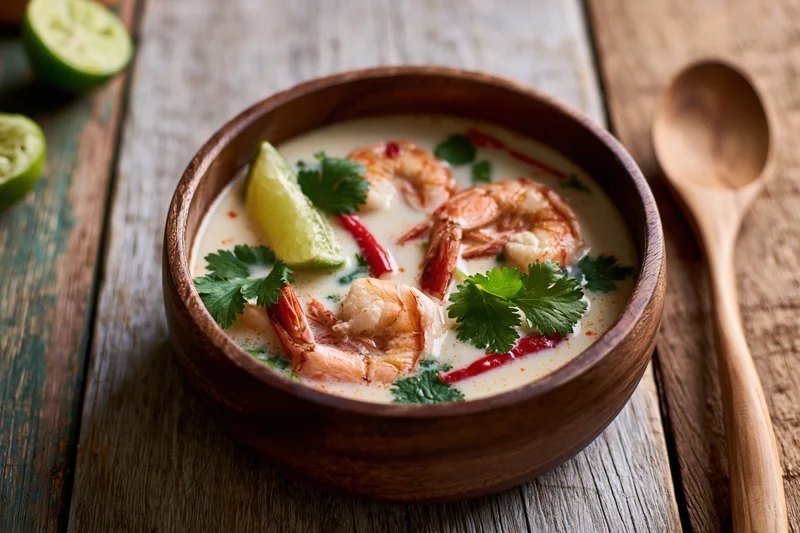 Tom kha gai soup with shrimp and herbs in a wooden bowl on a rustic table