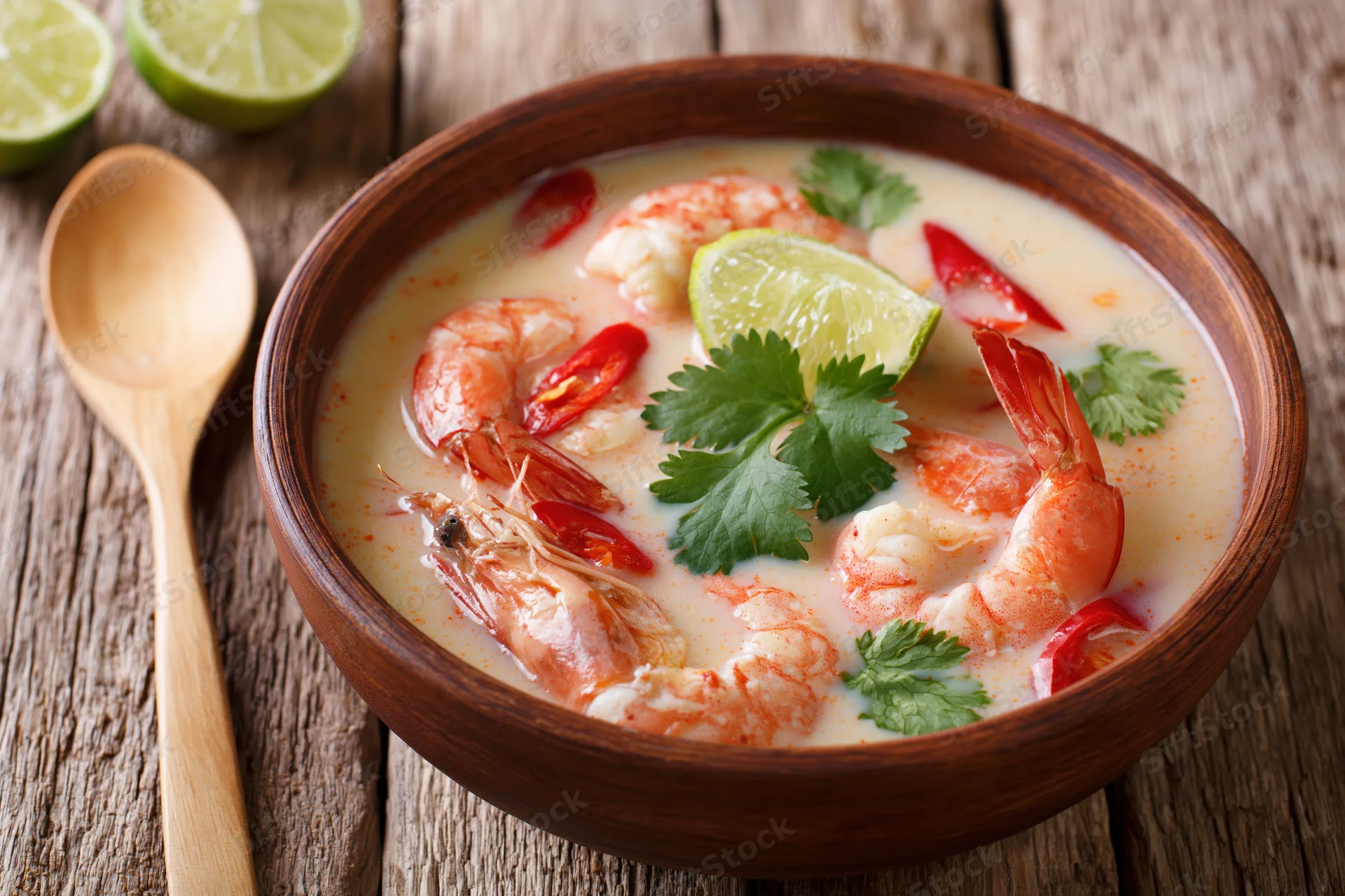 Tom kha gai soup with shrimp and lime in a wooden bowl on a rustic table