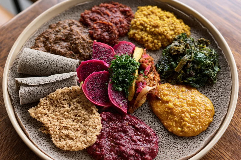 Traditional ethiopian injera platter with stews and vegetables on wooden table
