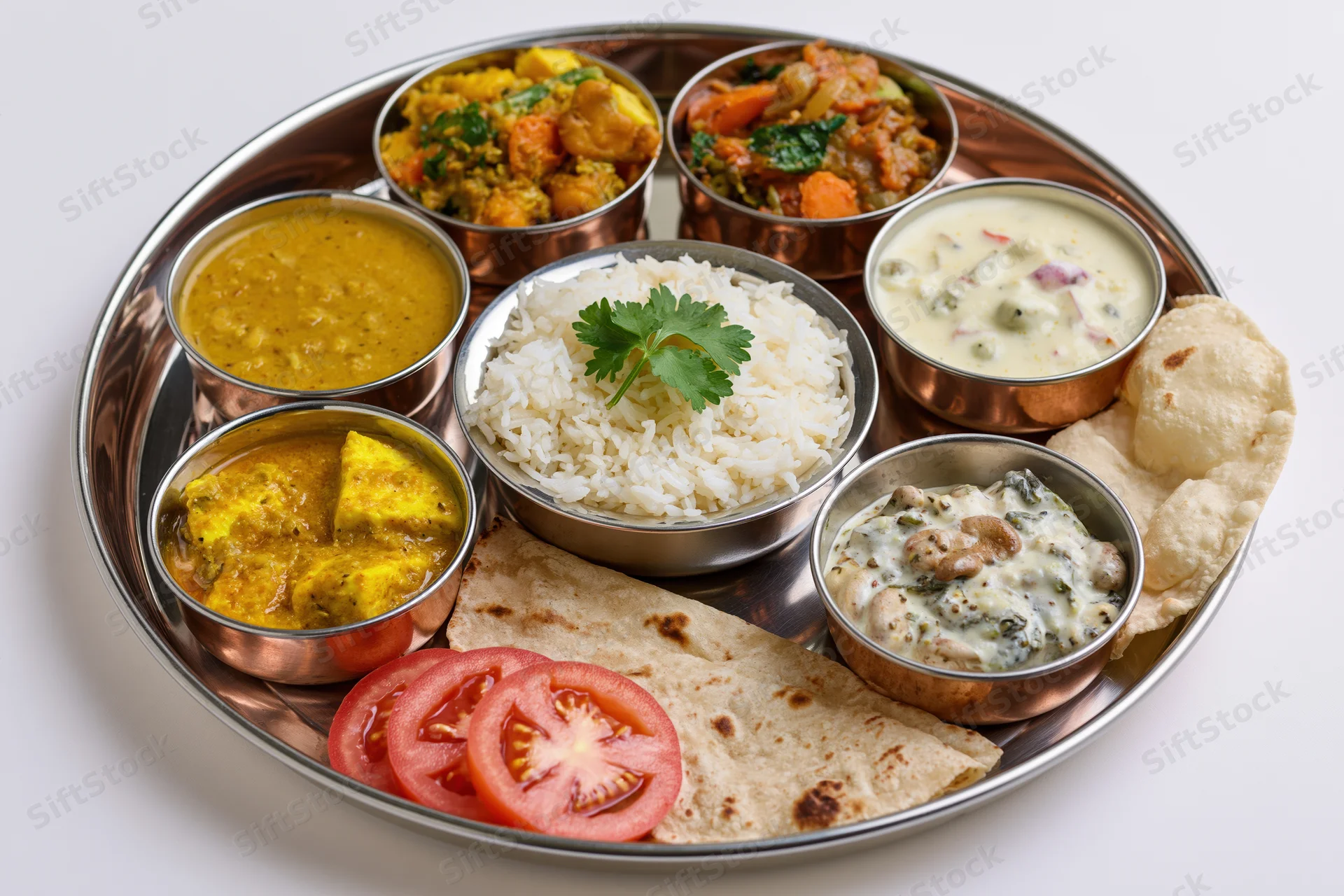 Traditional indian thali meal served on a large round metal tray with multiple small bowls of curry, rice, dal, raita, and flatbreads arranged around the center