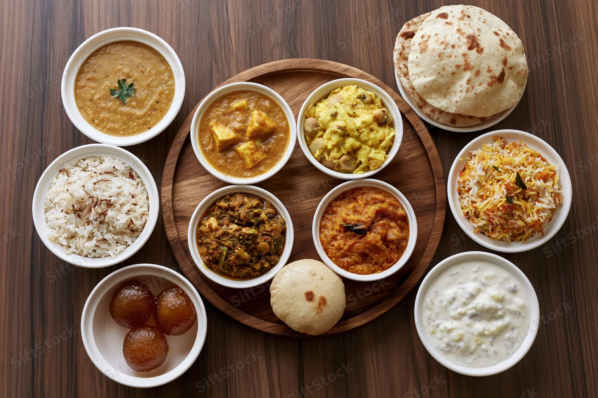 Traditional indian thali spread arranged on a round wooden tray with multiple dishes including curries, rice, dal, naan, and sweets viewed from above on a dark wood table