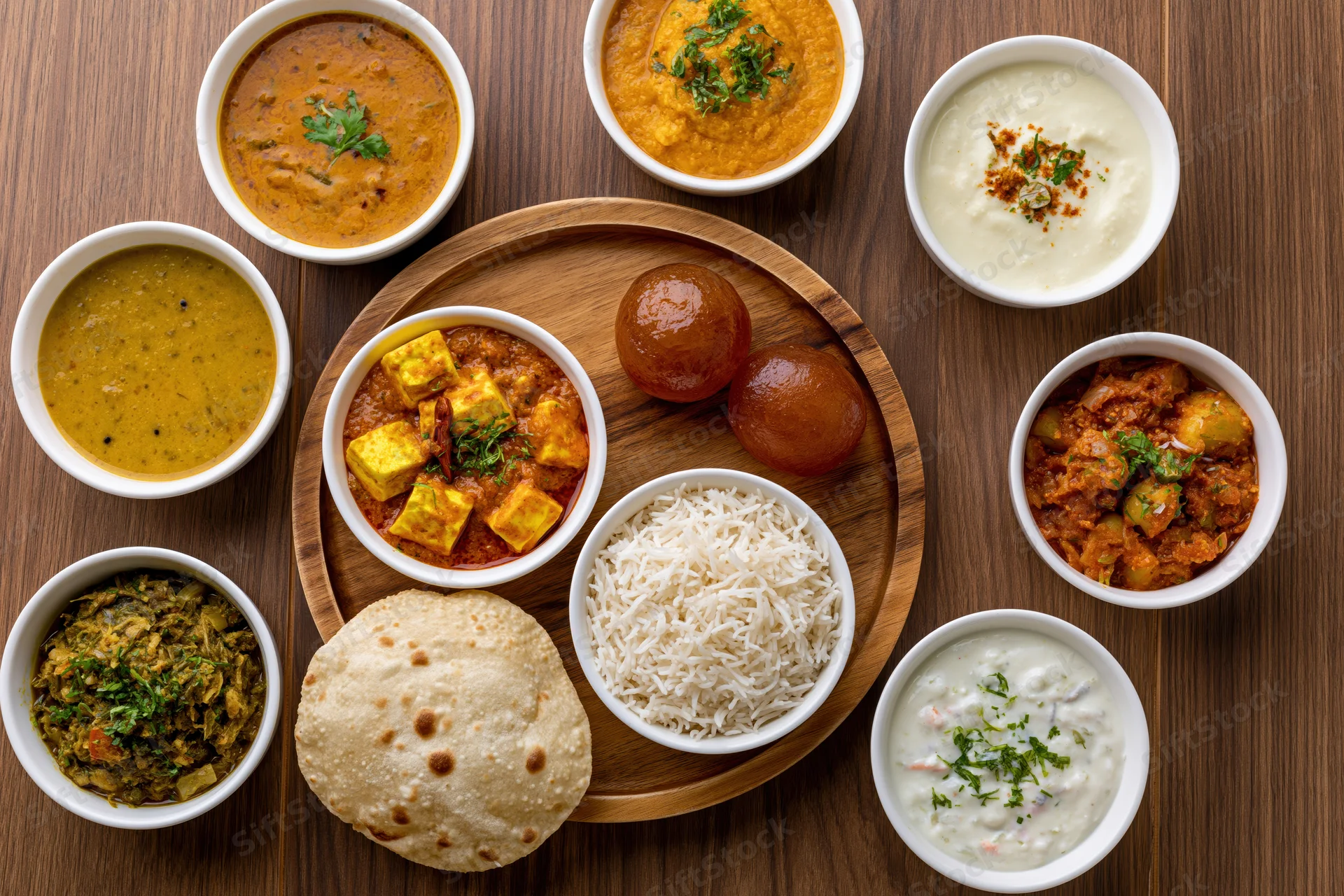 Traditional indian thali meal arranged on a round wooden tray with multiple curries, rice, naan, and raita on a wooden table