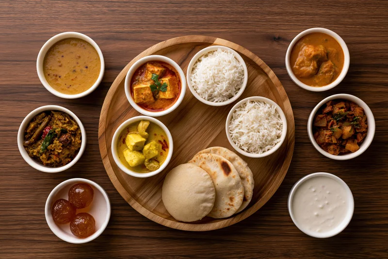 Traditional indian thali meal served on a round wooden tray with multiple curries, rice, roti and desserts arranged around it