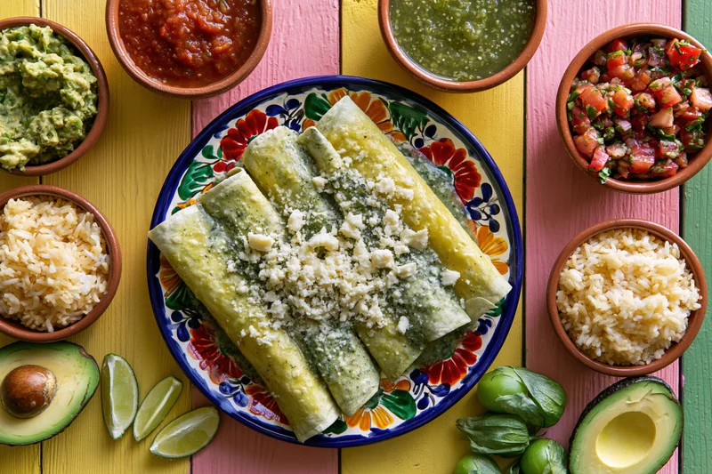 Traditional mexican enchiladas verdes with green sauce and cheese on a colorful talavera plate surrounded by rice, avocado, lime, and salsa on a painted wooden table