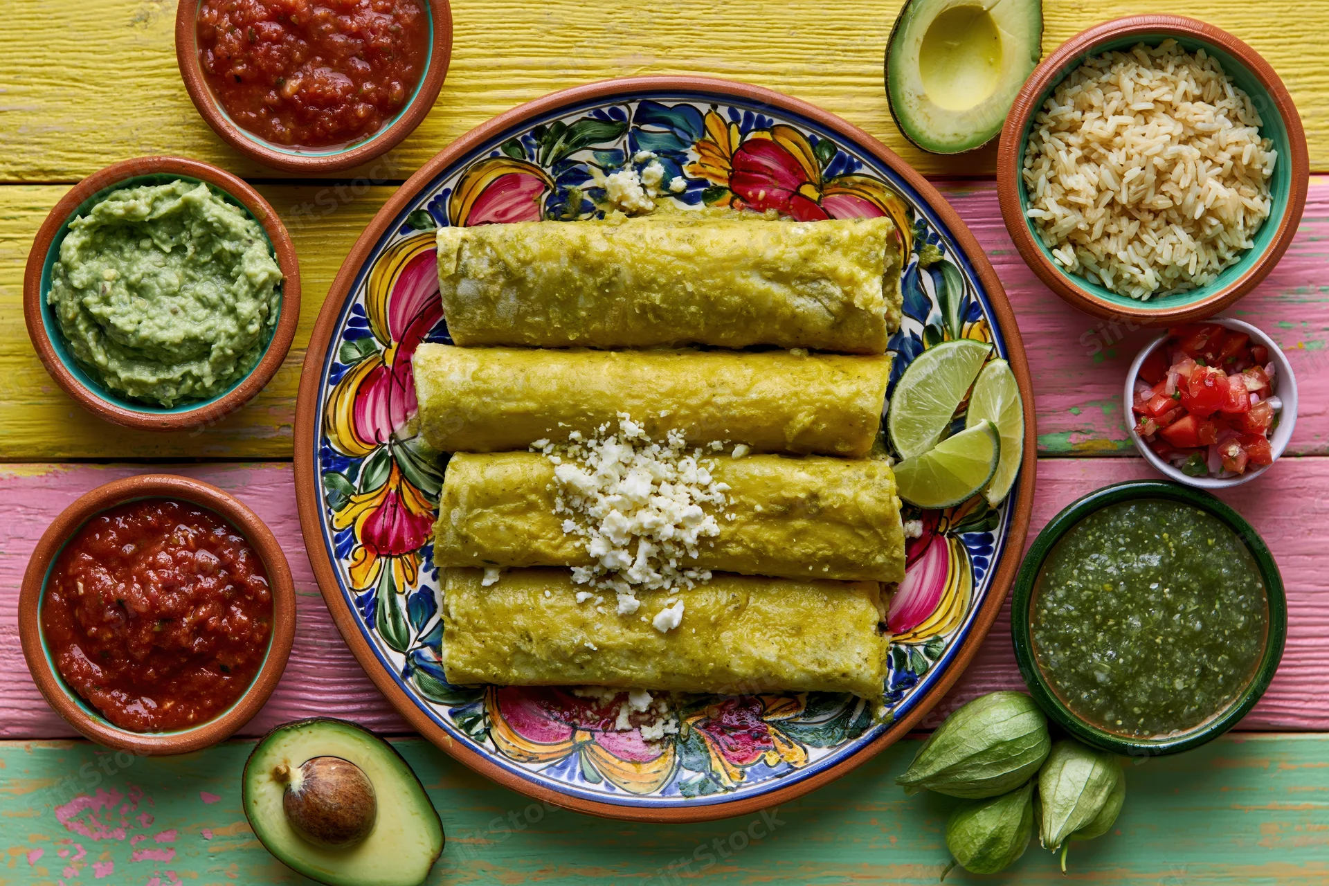 Traditional mexican enchiladas verdes served on a colorful talavera plate with side dishes on a painted wooden table
