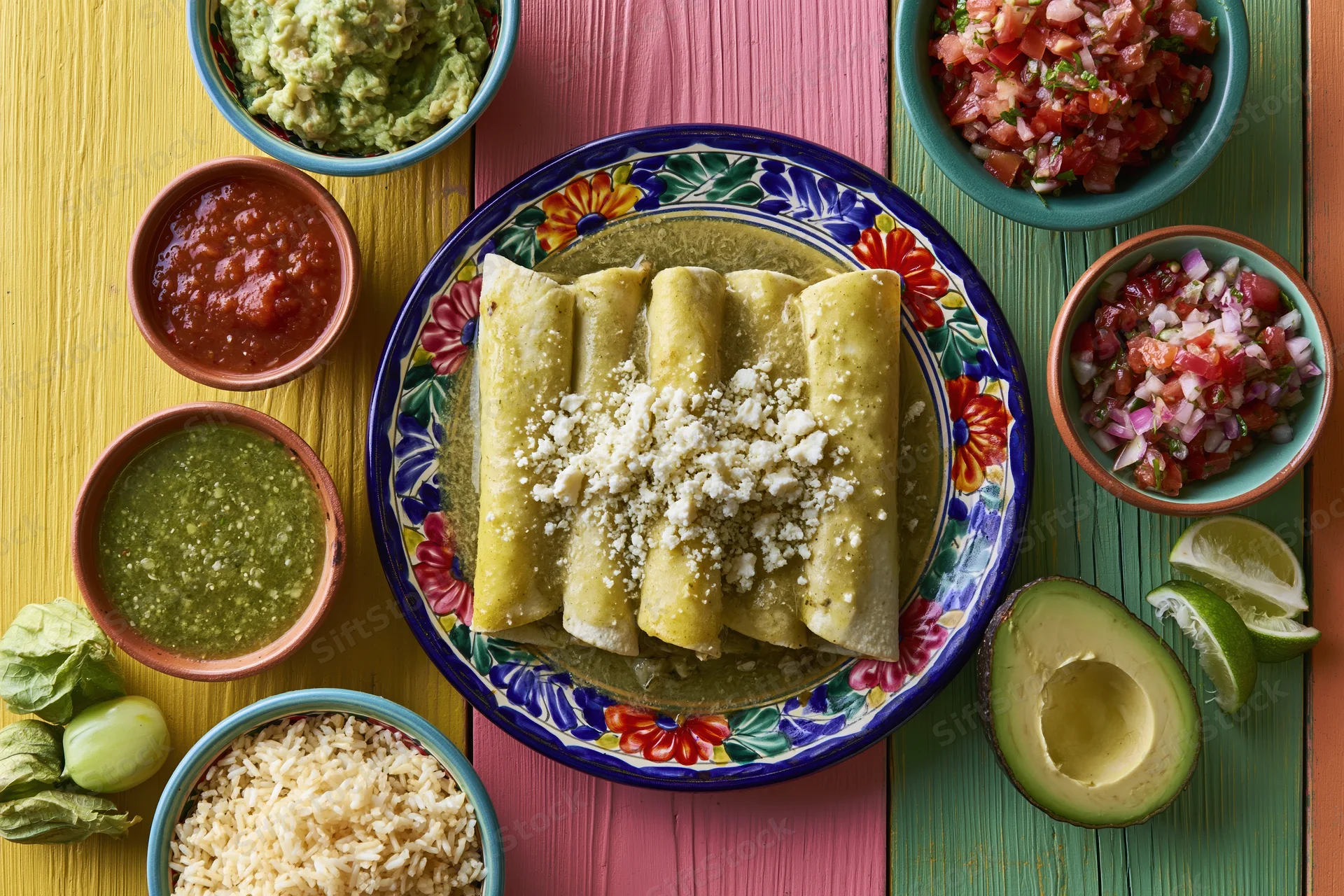 Traditional mexican enchiladas verdes served on a colorful talavera plate with rice, guacamole, salsa, lime, and avocado on a multicolored wooden table