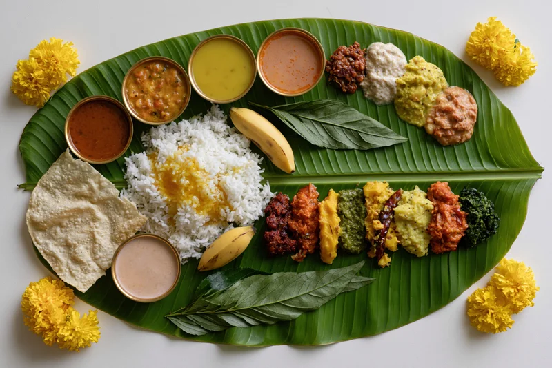 Traditional south indian onam sadya meal served on banana leaf with rice, curries, chutneys, papadum, banana, and marigold flowers arranged in flat lay top view
