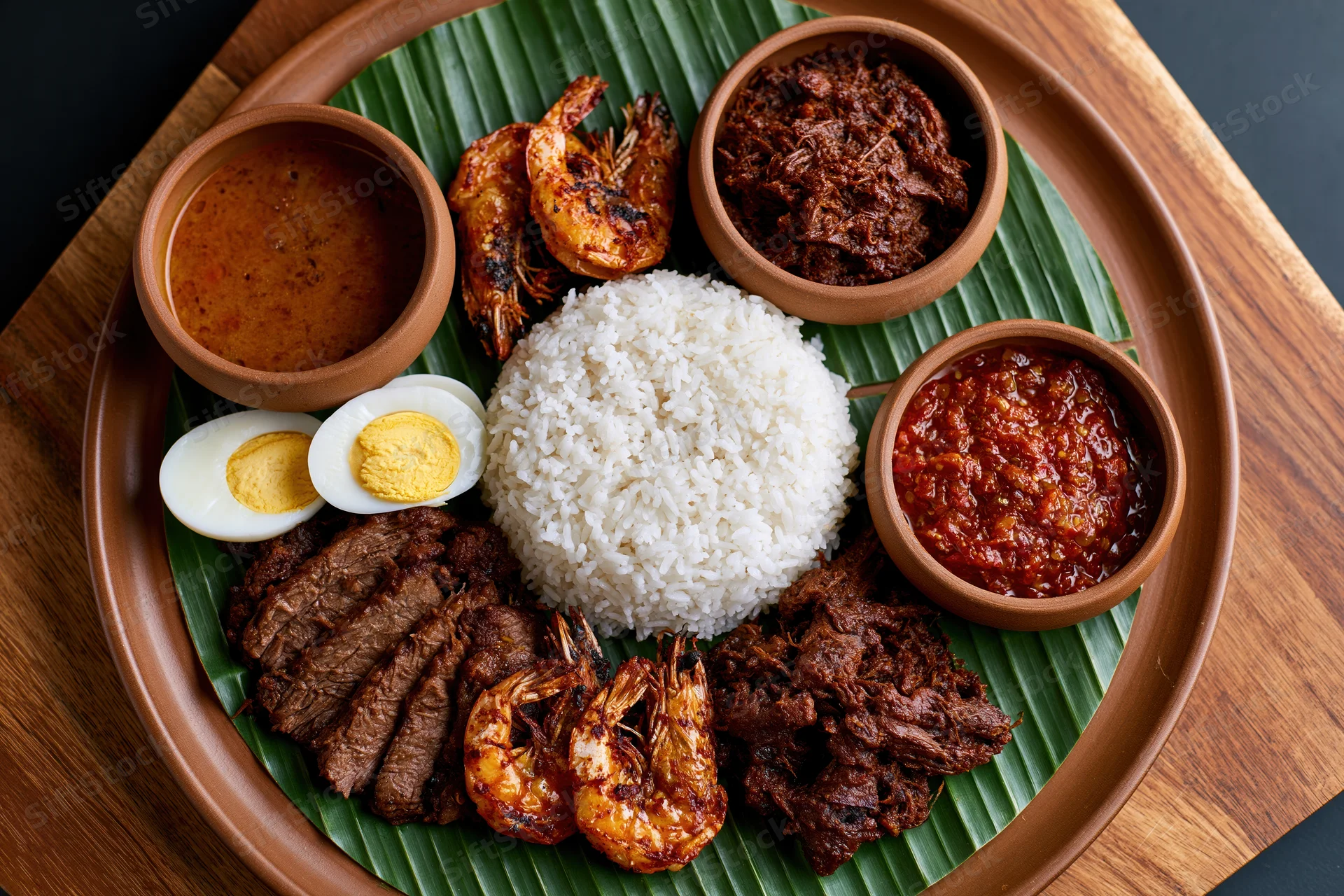 Nasi lemak meal with rice, shrimp, beef, boiled egg, sambal, and curry served on banana leaf in clay bowls on wooden tray