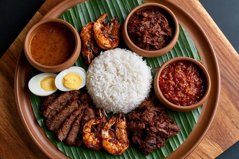 Nasi lemak meal with rice, shrimp, beef, boiled egg, sambal, and curry served on banana leaf in clay bowls on wooden tray