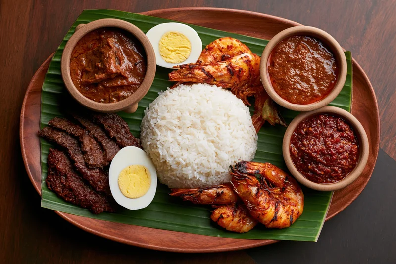 Nasi lemak meal with rice, grilled shrimp, beef, boiled egg, and curries served on banana leaf on wooden tray