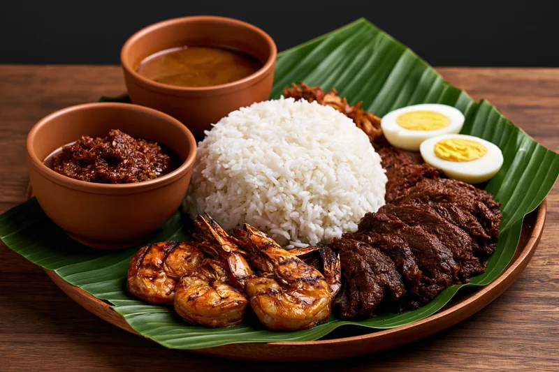 Nasi lemak meal with rice, grilled shrimp, beef, boiled egg, sambal, and curry sauce served on banana leaf on wooden plate