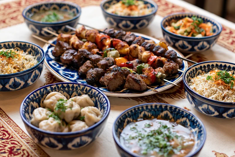 Traditional uzbeck feast with grilled kebabs, rice, soup and dumplings on a patterned tablecloth