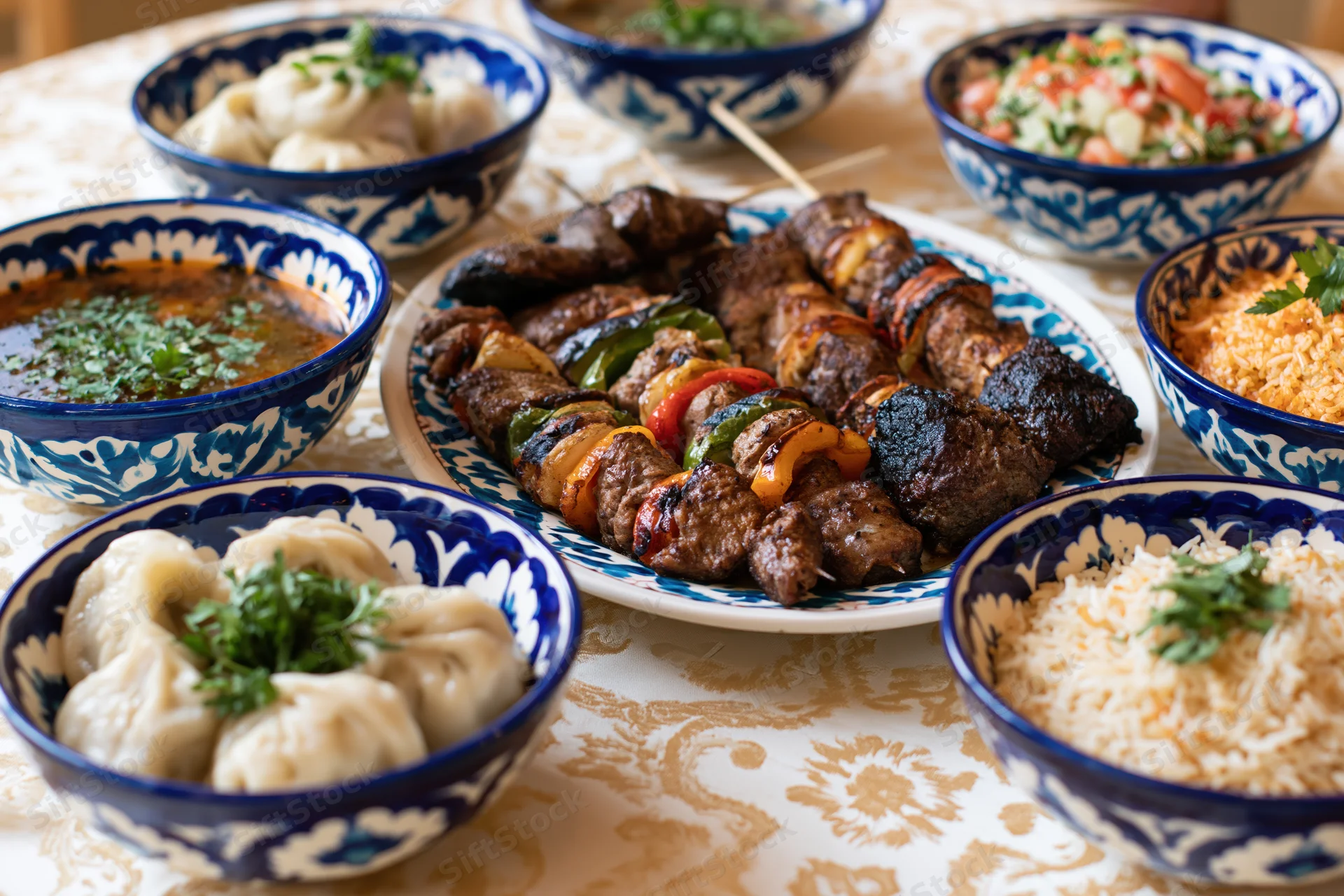 Traditional uzbeck feast spread on a patterned tablecloth with grilled kebabs, rice, dumplings and soup in ornate blue and white ceramic bowls