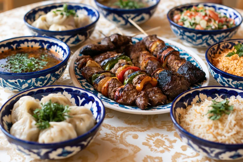 Traditional uzbeck feast spread on a patterned tablecloth with grilled kebabs, rice, dumplings and soup in ornate blue and white ceramic bowls