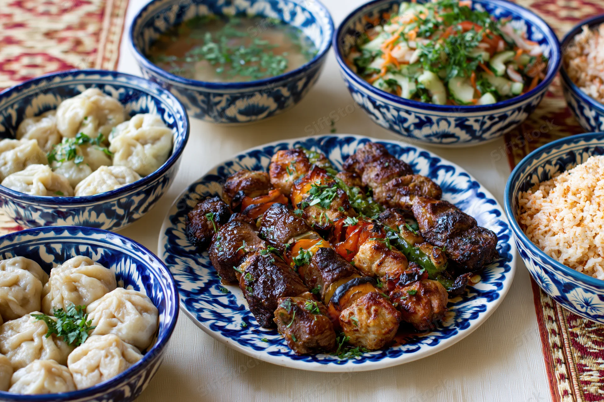Traditional uzbeck feast with kebabs, dumplings, rice, soup and salad served on patterned tablecloth