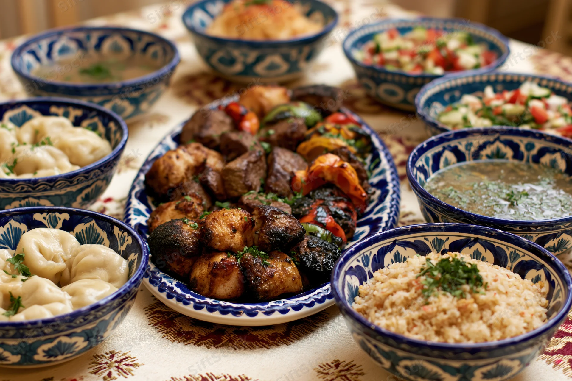 Traditional uzbeck feast spread on patterned tablecloth with grilled meat and side dishes in ornate blue and white ceramic bowls