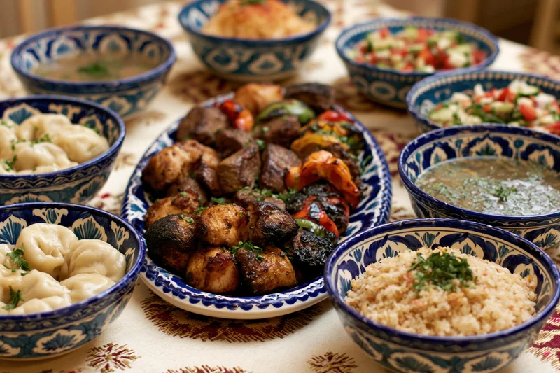 Traditional uzbeck feast spread on patterned tablecloth with grilled meat and side dishes in ornate blue and white ceramic bowls