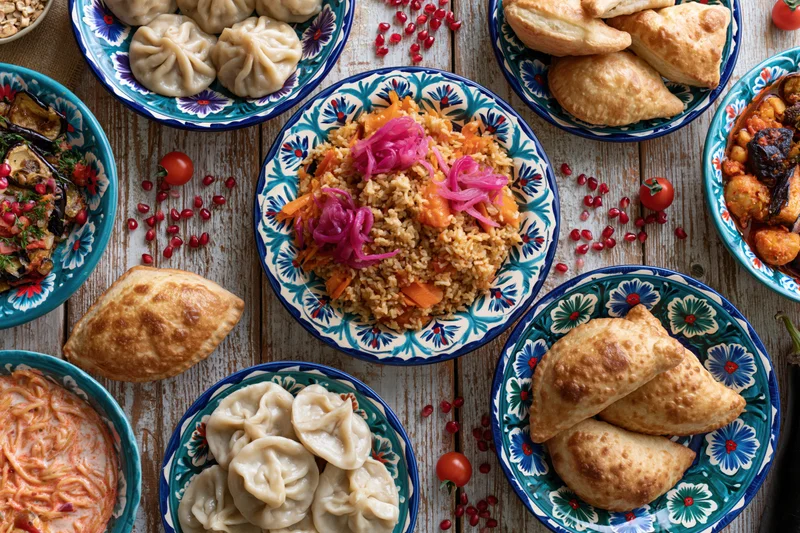Traditional uzbeck feast spread across a weathered wooden table with colorful ceramic plates holding rice, samosas, dumplings, and garnishes