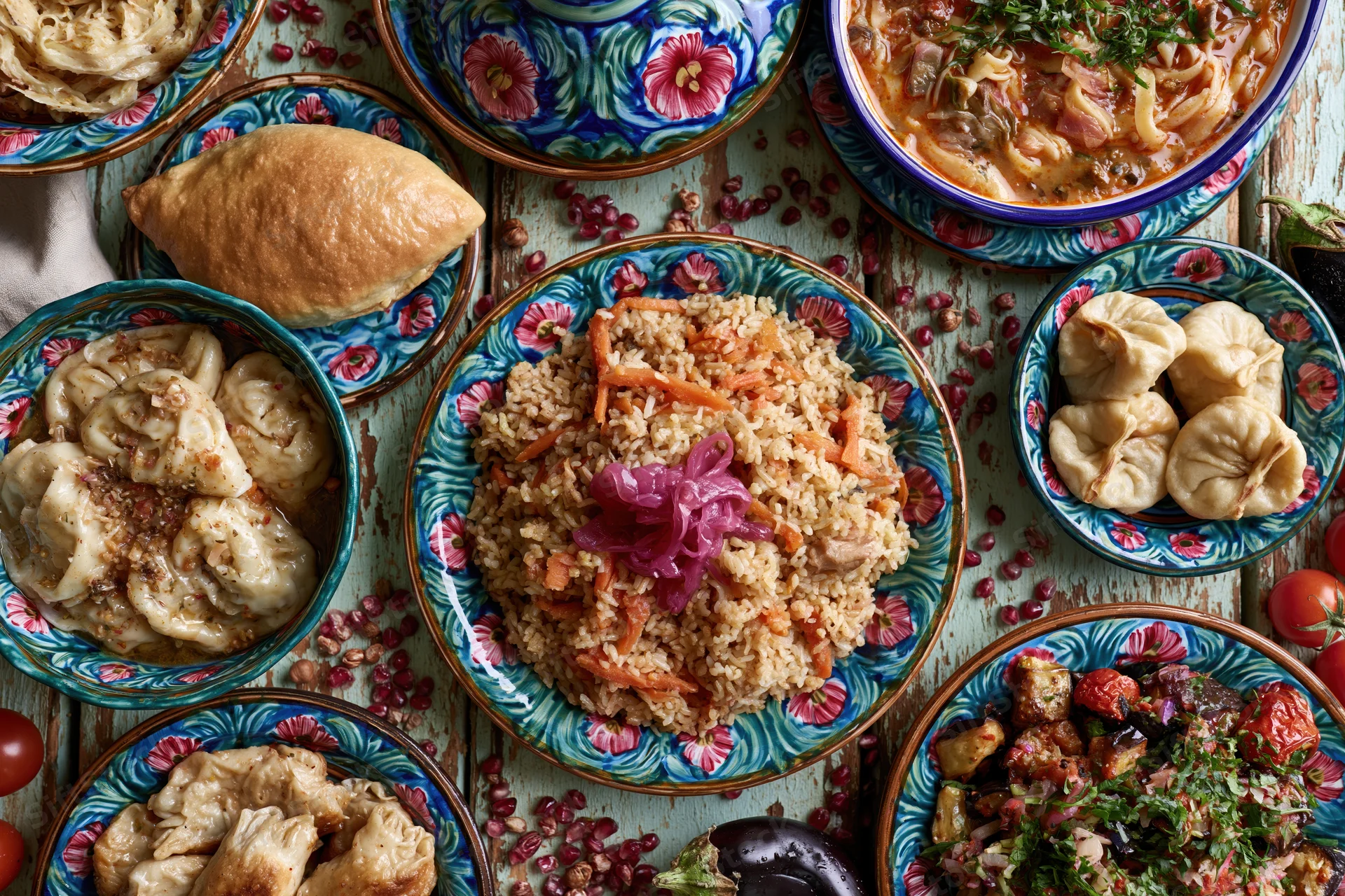 Traditional uzbe feast spread across a weathered wooden table with colorful ceramic dishes filled with pilaf, dumplings, soup, bread and vegetables