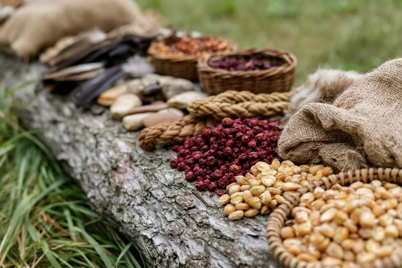 Traditional indigenous trade goods and natural materials arranged on a log outdoors