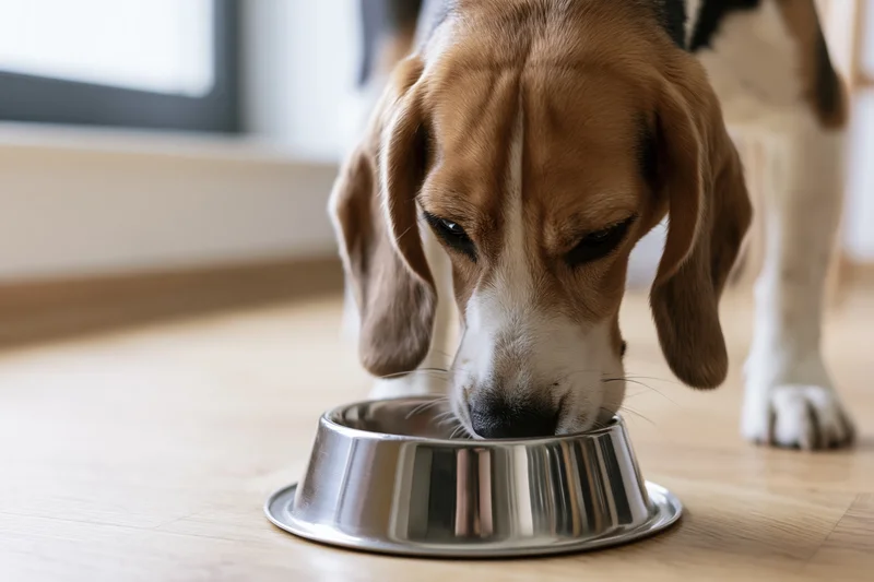 Beagle dog eating from a stainless steel bowl on a wooden floor indoors